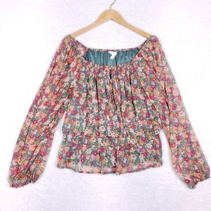 Lauren Conrad Blouse Women's XXL Floral Smocked Peasant Top Sheer Lined